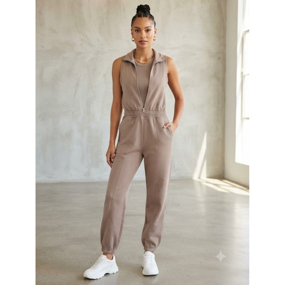 YPB neoKNIT Brown Sleeveless Zip Jumpsuit M Elastic Waist Pockets Tapered